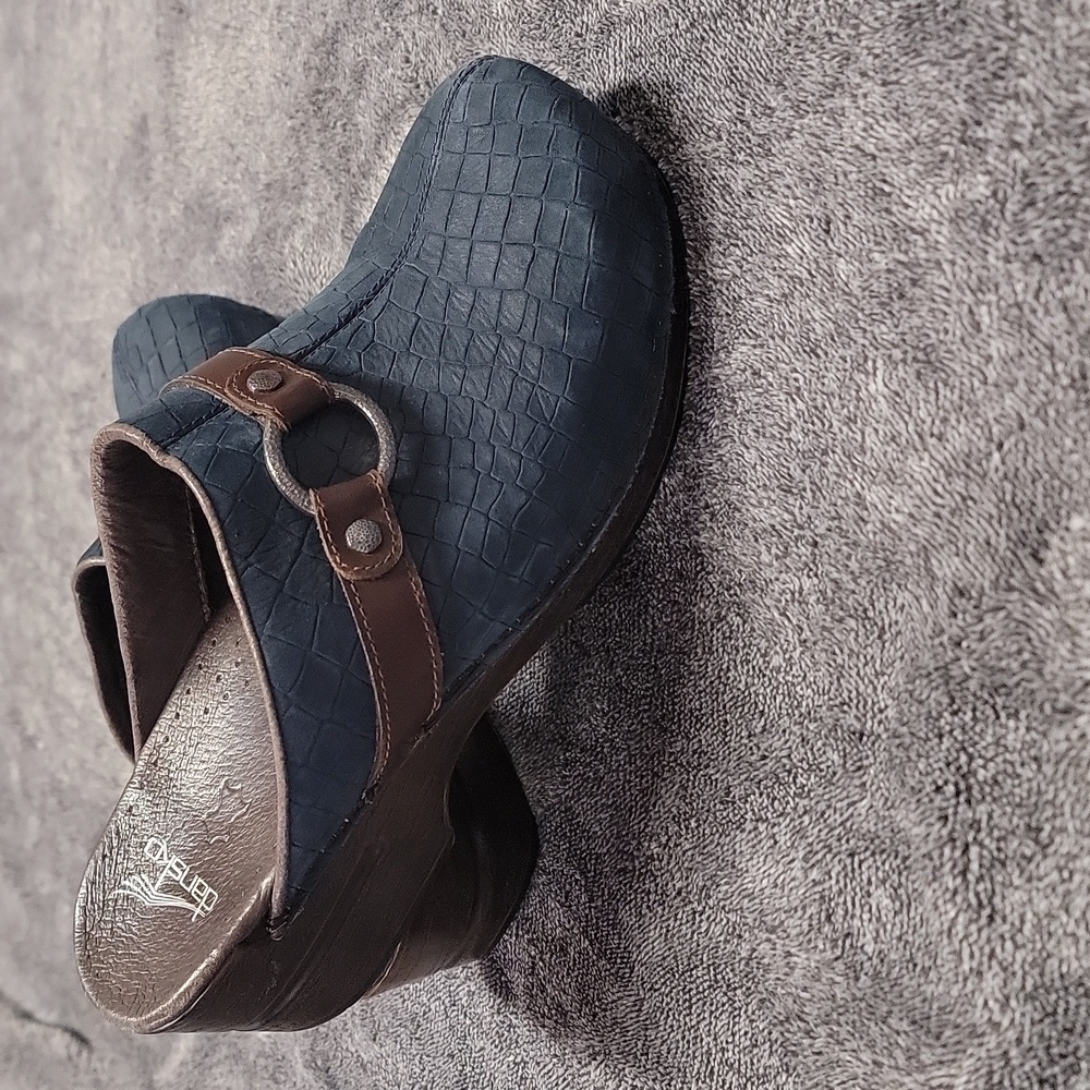 Danskp Women's Blue and Brown Clogs With Silver Buckle 41